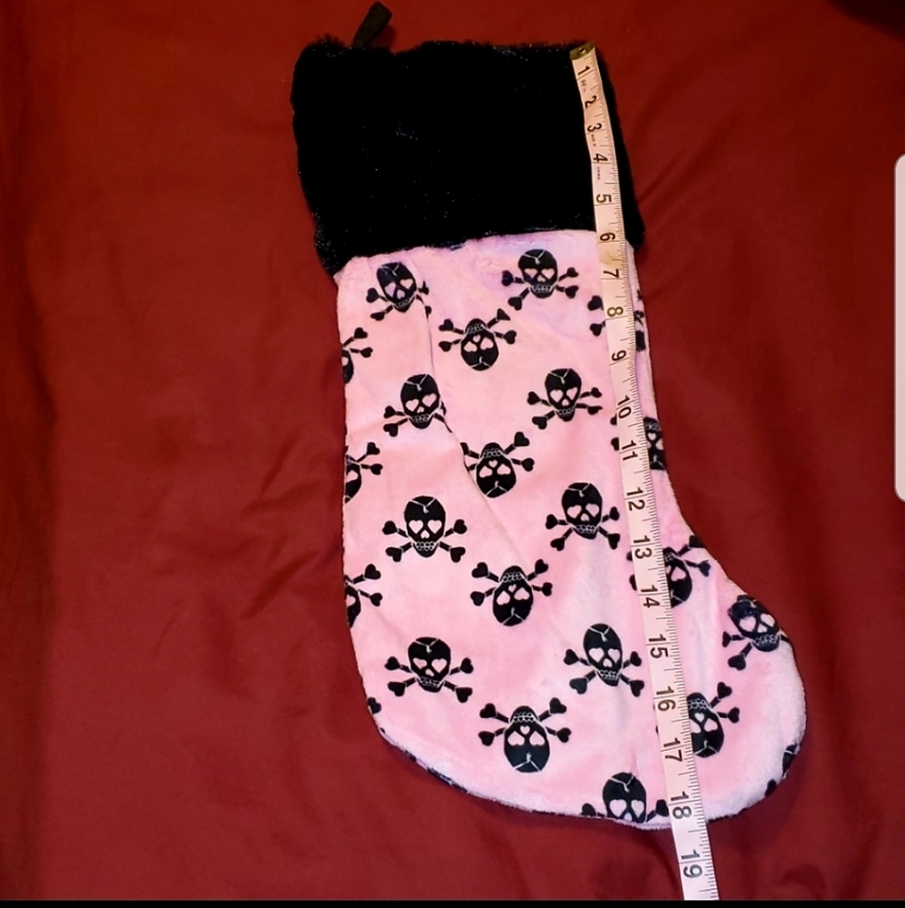 Gothic 18" Pink Black Skulls Halloween Theme Holiday Stocking w Black Fur Trim